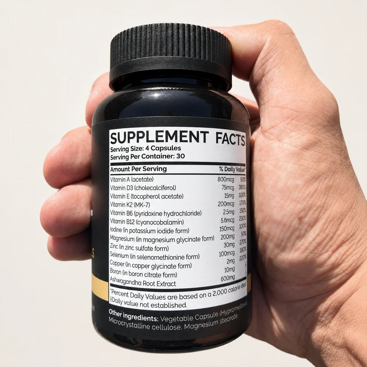 The Supplement Facts panel, with every ingredient and dose printed in full