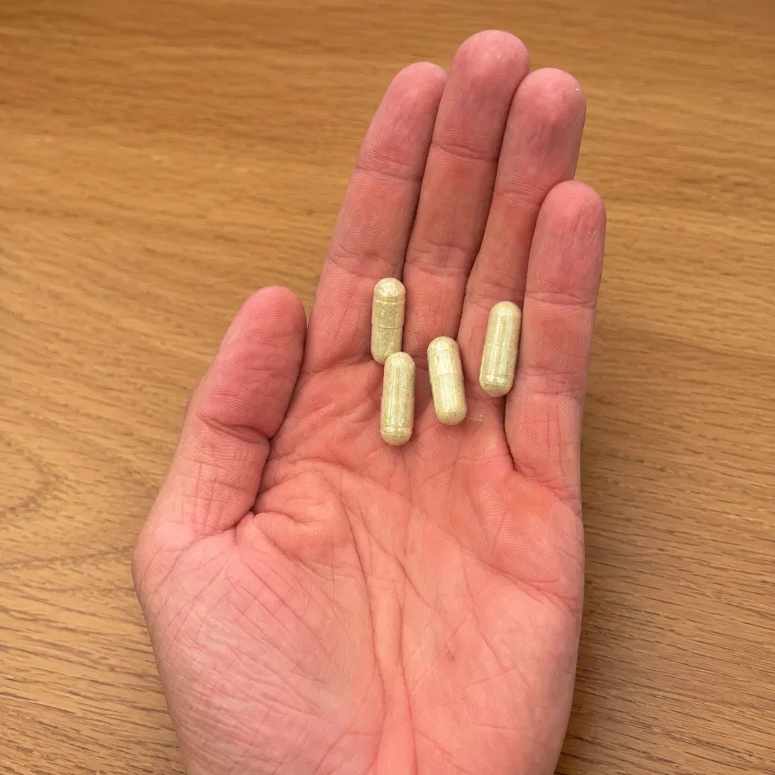 	Four capsules, one daily serving, shown in a hand for scale